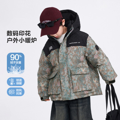 男童冬装迷彩撞色防风工装羽绒服2025新款儿童装冬季加厚防寒外套