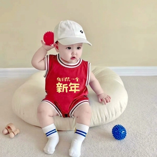 春节我的第一个新年夏款红色新年马宝宝婴儿服薄款连体衣拜年a类