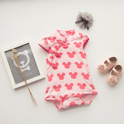 女婴儿夏装薄款中国风旗袍连体包屁衣新生儿宝宝满月百天周岁礼服