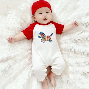 春节新生婴儿夏款过年拜年爬服收红包宝宝连体衣红色薄款短袖喜庆