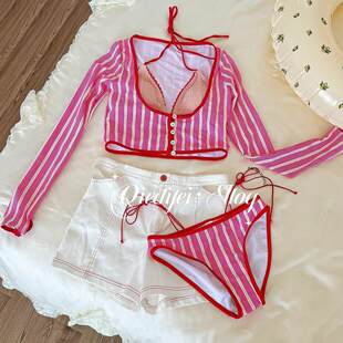 《惬迪菲》泰兰德ins复古小众小胸条纹分体泳海边度假温泉泳衣