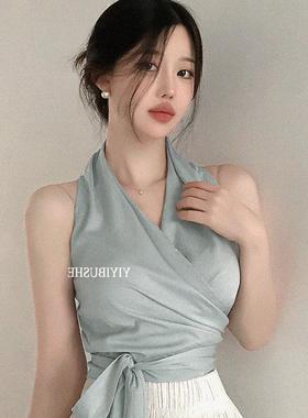 当天发 51STUDIO自制MP025气质天蓝色~女人味V领系带无袖衬衫上衣