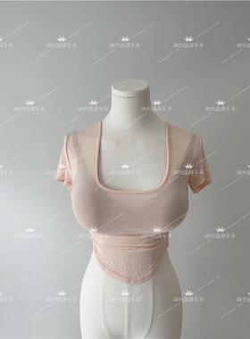 现货~51STUDIO自制方领微透短袖T恤性感收腰T恤