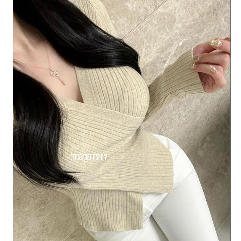 51STUDIO自制 自留 LD071性感交叉V领~气质女人味修身长袖针织衫