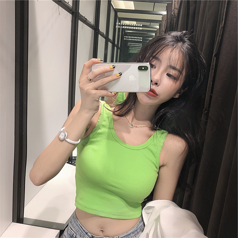 高腰紧身u领短款露脐吊带背心女性感低胸瑜伽纯色打底上衣外穿潮