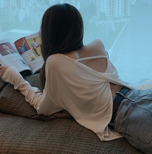 显瘦长袖 性感大露背纯色百搭T恤修身 瑜伽服运动上衣 韩版 2019秋款