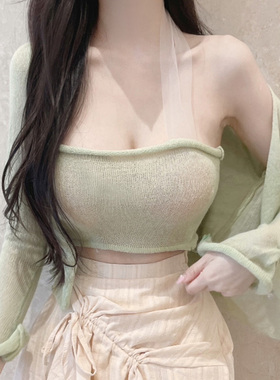 韩国代购正品 YL003清新薄荷绿~性感网纱挂脖吊带+针织开衫套装se