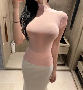 51STUDIO 当天发 新款半高领短袖紧身粉色体恤优雅女人味性感