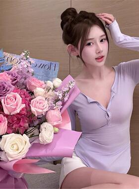 纯欲风性感紫色长袖T恤女秋季新款修身显瘦辣妹打底衫内搭上衣潮