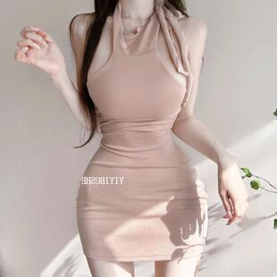 当天发 51STUDIO自制 LB622凸显身材~性感挂颈系带紧身包臀连衣裙