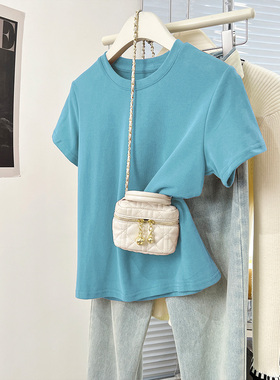 基础蓝色纯棉正肩宽松短袖t恤女夏季设计感小众体恤上衣2024新款