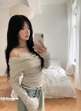 现货  51STUDIO自制 温柔系一字肩韩风 褶皱层次感吊带T恤