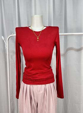 独特红色圆领修身长袖T恤衫女秋简约基础款打底内搭上衣
