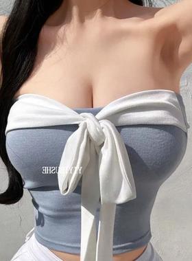 当天发 51STUDIO自制LM111绝美巨好看性感纯欲露肩蝴蝶结抹胸上衣