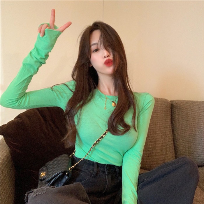 网红chic性感薄款微透紧身弹力长袖上衣女糖果彩色内搭打底衫T恤