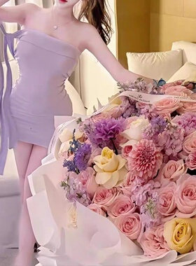 51STUDIO自制 纯欲风性感显身材露肩系带淡紫色包臀抹胸连衣裙女