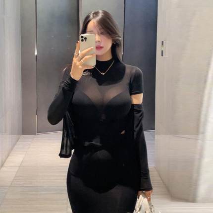 热销 51STUDIO自制 MJ057性感微透~半高领T恤开衫+鱼尾裙套装