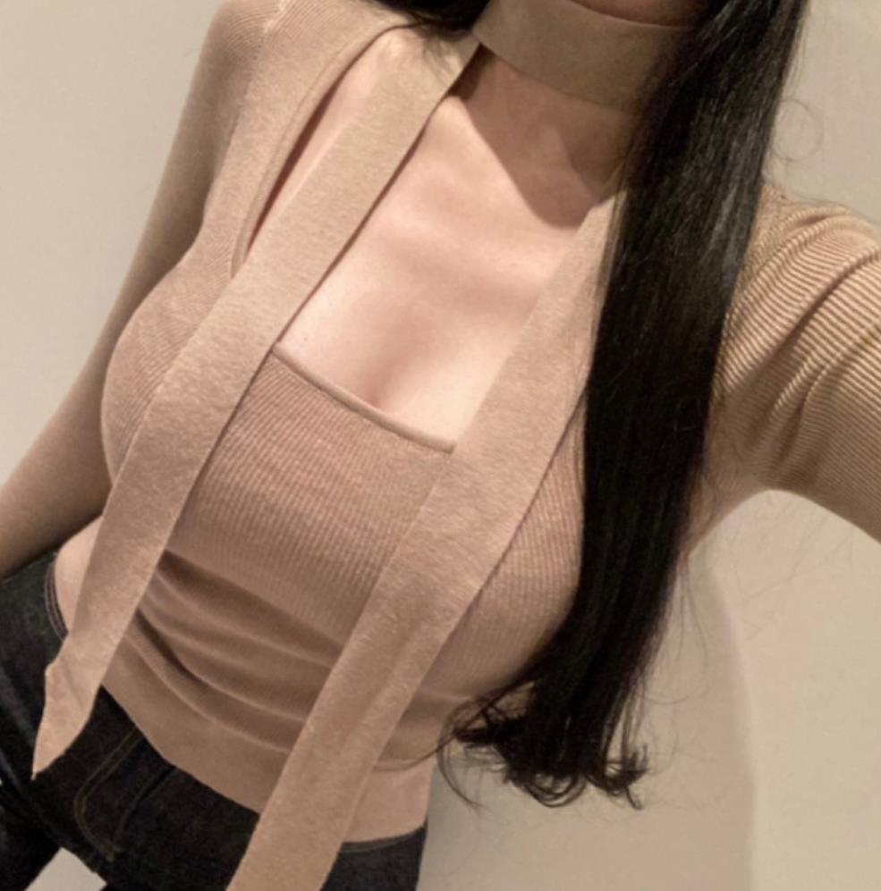 现货~51STUDIO自制性感方领飘带紧身长袖针织体恤优雅女人味上衣