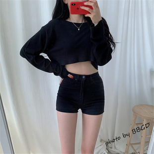 超短款露脐t恤女长袖黑色上衣宽松韩版秋冬性感爵士舞高腰打底衫
