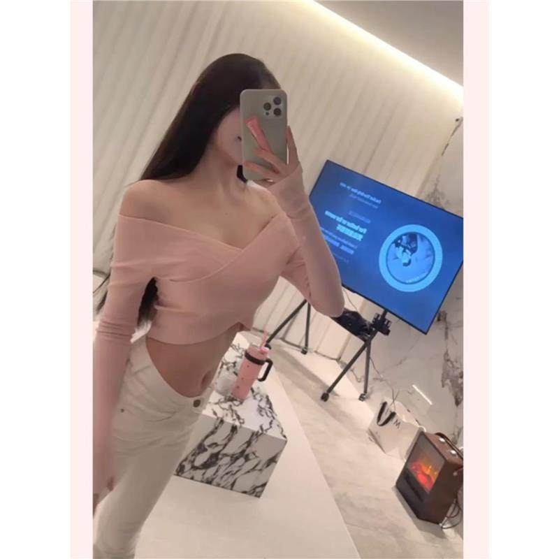 51STUDIO自制 纯欲风嫩粉色修身性感V领胸前交叉长T恤打底衫上衣