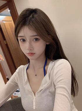 51STUDIO自制白色微透防晒罩衫春季长袖T恤修身纯欲性感V领上衣