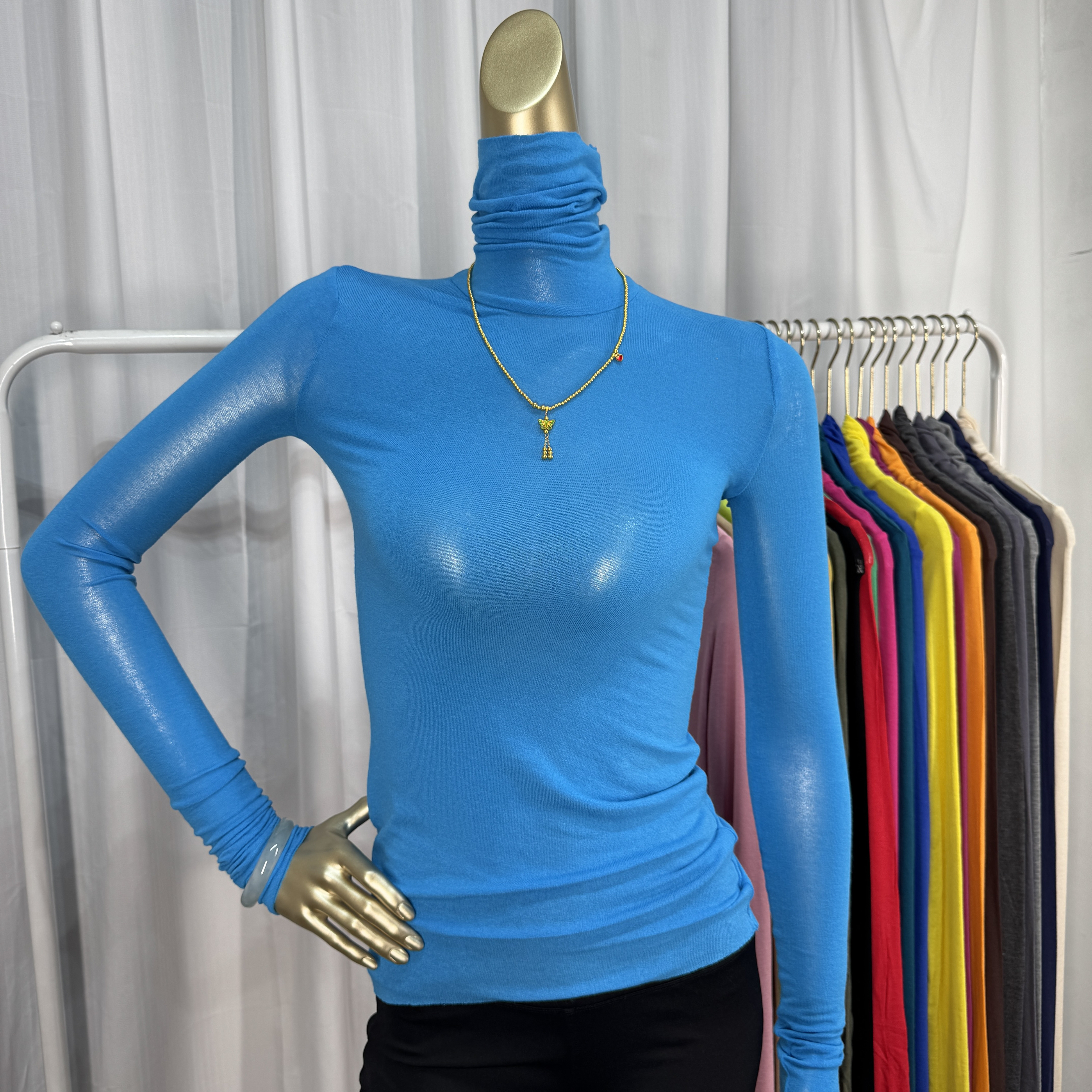 湖蓝色高领薄款打底衫女内搭2025春款莫代尔手感面膜T恤长袖上衣