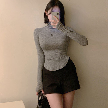 韩国代购正品 QI057自留BI入内搭~气质堆堆高领弧形下摆长袖T恤at