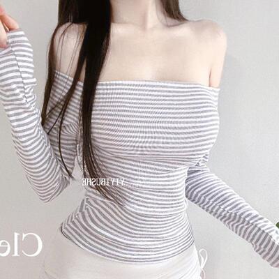 51STUDIO自制 LC616每年都经典~性感显身材露肩条纹紧身长袖T恤se