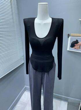 薄透性感～紧身显胸不规则气质圆弧长袖T恤打底衫女2025秋装新款