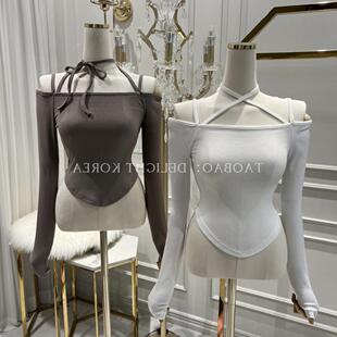 51STUDIO自制 秋季一字肩性感长袖T恤修身不规则短款挂脖上衣（4