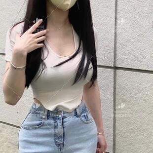 51STUDIO自制 低领花瓣下摆显腰细T恤S111 韩国小姐姐超爱半透短袖