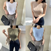 2021夏韩国ins小圆领削肩紧身显胸背心无袖 遮副乳显瘦上衣外穿女