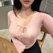 51STUDIO自制 MS398性感显胸大 女人味系带修身 当天发 长袖 T恤jm