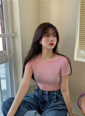 彩色打底衫女糖果色薄款短款露脐修身绿色短袖ins紧身上衣藕粉t恤