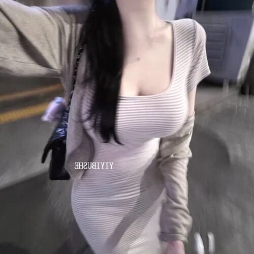 当天发 韩国女装LW312巨好看~纯欲凸显身材条纹长版鱼尾洋装