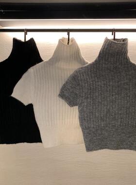 现货 高领修身打底针织衫女秋冬内搭黑色短袖紧身高级感短款上衣