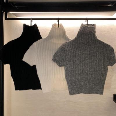 现货 高领修身打底针织衫女秋冬内搭黑色短袖紧身高级感短款上衣
