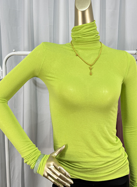 果绿色高领打底衫女微透秋冬款薄款修身性感上衣堆堆领t恤