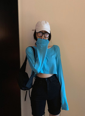 跳舞爵士露脐短款宽松蓝色百搭防晒衫上衣长袖T恤女