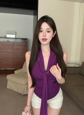气质飘带荡领无袖背心女装夏季收腰显瘦性感辣妹紫色修身上衣外穿