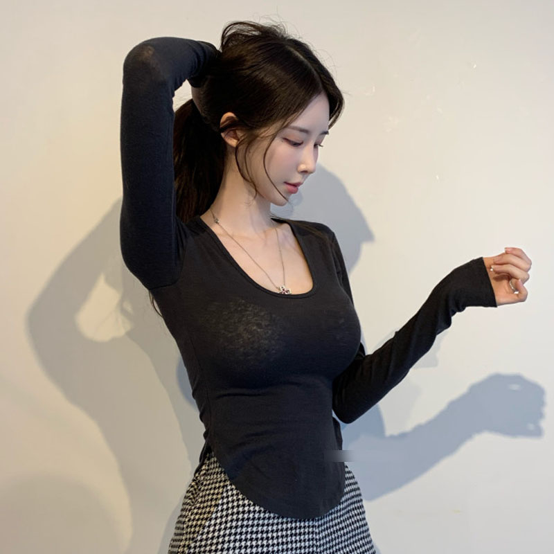 韩国代购正品 QH307好穿不想脱~羊毛混纺性感显胸U领紧身打底衫se