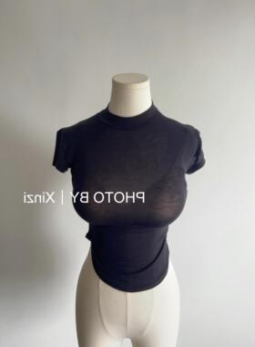 现货~51STUDIO自制性感半高领短袖弧形显身显腰线紧身体恤