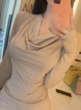 韩国代购正品 QK377性感女人味 荡V领显身材舒适亲肤长袖T恤se