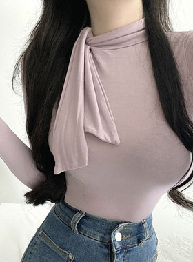 韩国代购正品 YF012好看香芋紫~女人味半高领飘带紧身长袖T恤ml