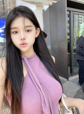 51STUDIO自制 新款辣妹显瘦修身无袖上衣蝴蝶结系带紫色挂脖背心