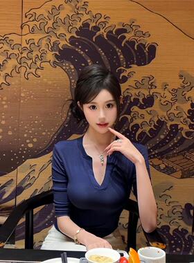 51STUDIO自制蓝色纯欲微透v领长袖正肩T恤女春百搭辣妹内搭上衣