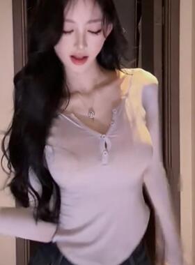 美人无骨打底衫女显身材紫色性感u领弧形下摆辣妹微透薄款长袖t恤