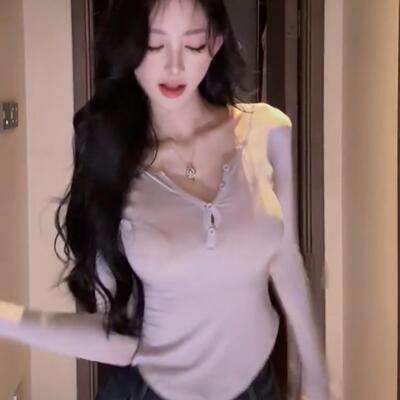 美人无骨打底衫女显身材紫色性感u领弧形下摆辣妹微透薄款长袖t恤