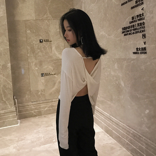 宽松嘻哈性感演出服jazz 女打底衫 爵士舞t恤女春短款 露背上衣长袖