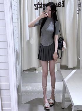 纯情又性感韩女两件套半高领中袖掐腰T恤+灰色防走光A字半身裙女